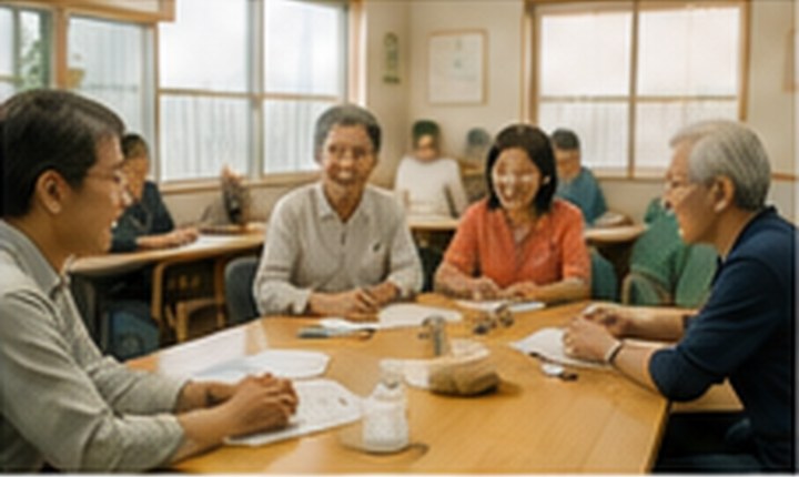 地域の交流サロンで話し合う人々